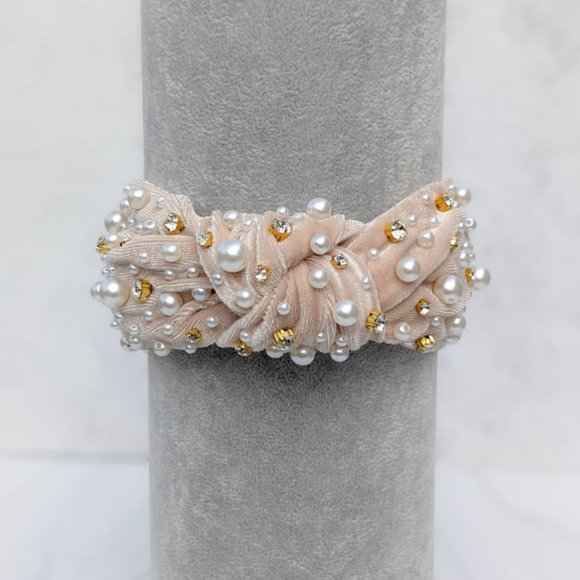 Champagne Pearl Knot Velvet Headband Pearl Beads Handmade Knotted Turban Bridal main image 6
